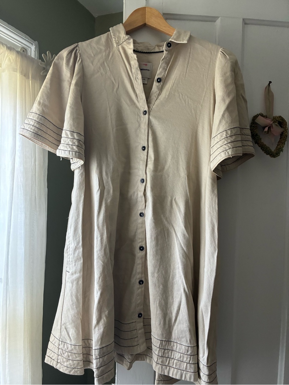 Anthropologie  Cream Button-Front Short Sleeve Dress